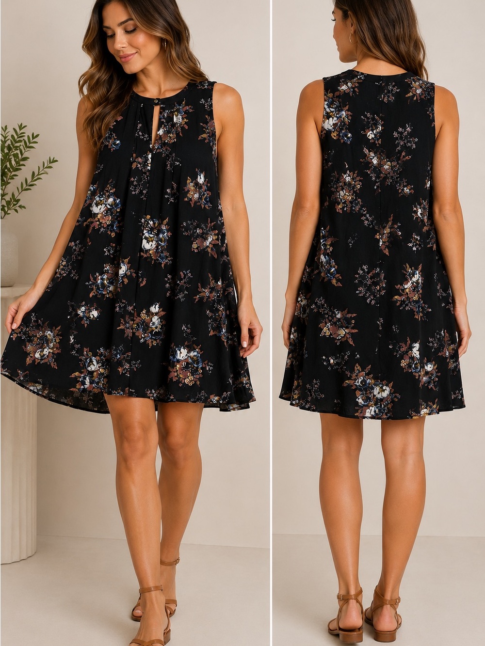 Free People Women’s S Black Floral Swing Dress Sleeveless Boho 100% Rayon